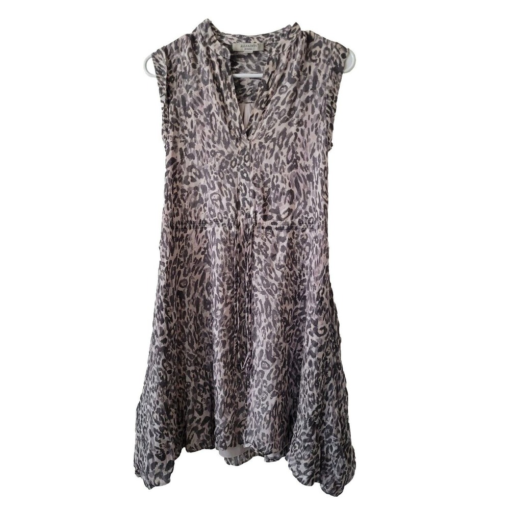 All Saints XS Clari Kara Dress Animal Print Asymmetric Draped Lined Leopard